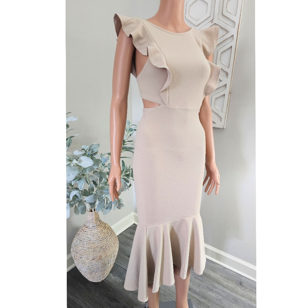 Petal + Pup Beige Cut Out Ruffle Sleeves Hi-Lo Bodycon Fishtail Midi Dress